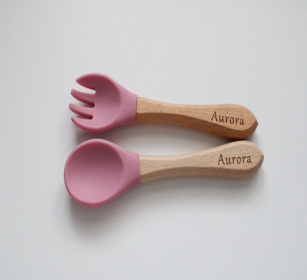 Personalised Engraved Wooden and Silicone weaning Cutlery Set - Blush