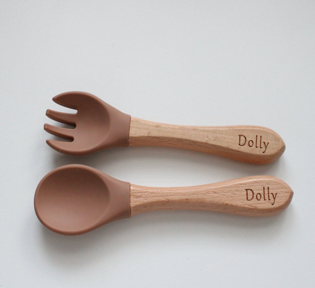 Personalised Engraved Wooden and Silicone weaning Cutlery Set - Camel