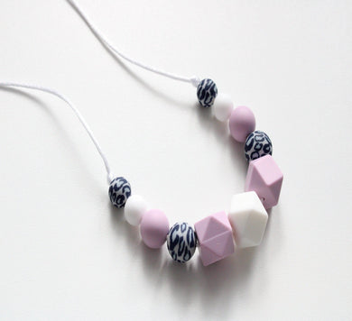 Teething Necklace Grey Leopard & Lilac 