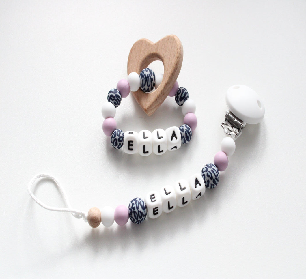 Personalised Dummy clip  & Teething ring Gift set - Heart