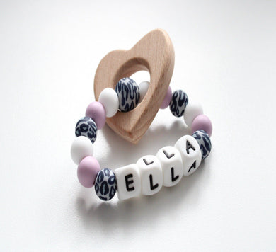 Personalised Teething Ring - Leopard Grey & Lilac