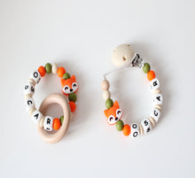 Load image into Gallery viewer, Personalised Dummy clip  &amp; Teething ring Gift set - Orange Fox
