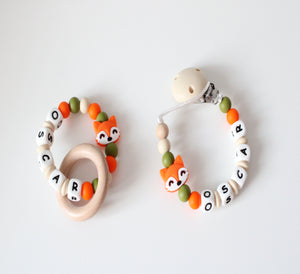 Personalised Dummy clip  & Teething ring Gift set - Orange Fox