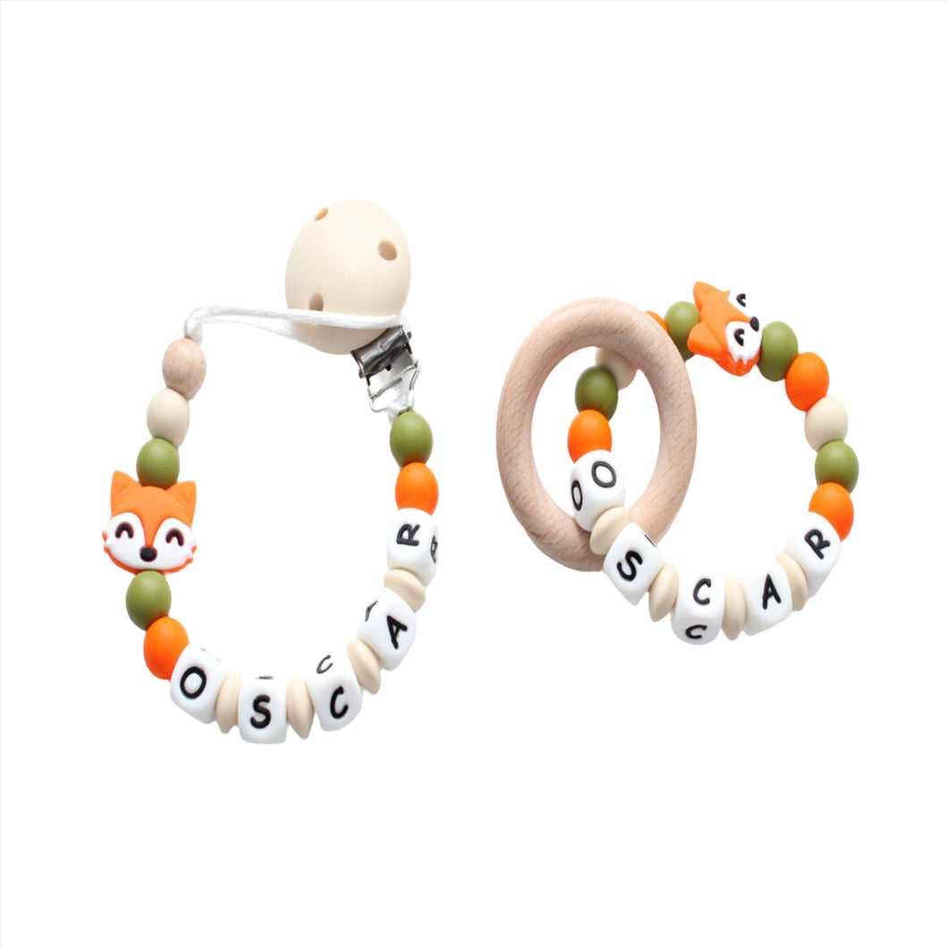 Personalised Dummy clip  & Teething ring Gift set - Orange Fox