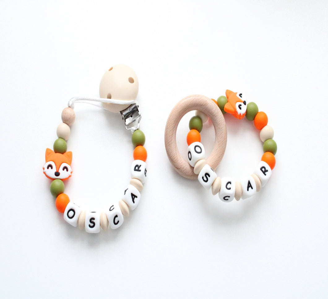 Personalised Dummy clip  & Teething ring Gift set - Orange Fox
