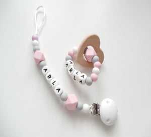 Personalised Pink Dummy clip and teething ring