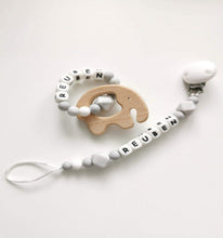 Load image into Gallery viewer, Personalised Dummy clip and Elephant Teething ring set - Marble grey, Grey and White
