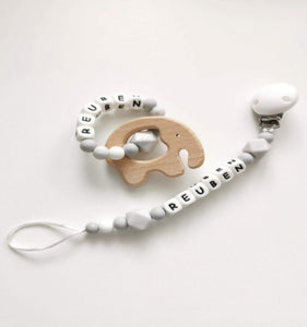 Personalised Dummy clip and Elephant Teething ring set - Marble grey, Grey and White