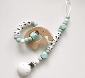 Dummy clip and Elephant Teething ring set - Mint, Grey and White 