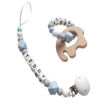 Load image into Gallery viewer, Dummy clip and Elephant Teething ring set - Pale Blue, Grey and White 
