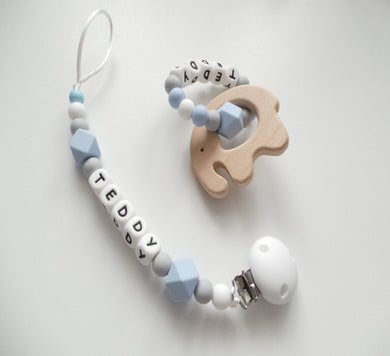 Dummy clip and Elephant Teething ring set - Pale Blue, Grey and White 