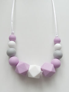Teething Necklace Lilac, White & Grey