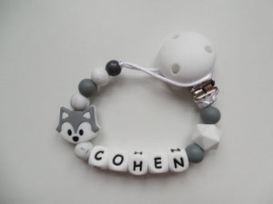 Personalised Fox Dummy clip- Grey & Marble