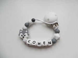 Personalised Fox Dummy clip- Grey & Marble