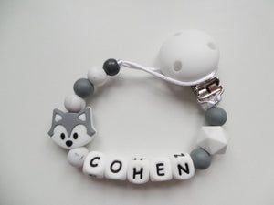 Personalised Fox Dummy clip- Grey & Marble
