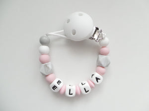 Personalised Dummy clip-  Pink & Grey Marble