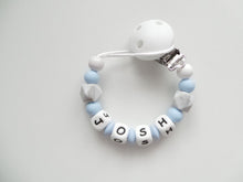 Load image into Gallery viewer, Personalised Dummy clip - Pale Blue, Grey Marble &amp; White
