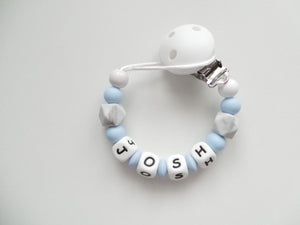 Personalised Dummy clip - Pale Blue, Grey Marble & White