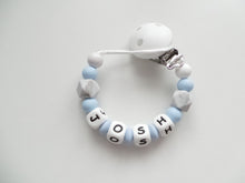 Load image into Gallery viewer, Personalised Dummy clip - Pale Blue, Grey Marble &amp; White
