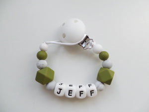 Personalised  Silicone dummy clip - Army green & Marble grey