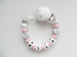 Personalised Dummy clip-  Pink & Grey Marble