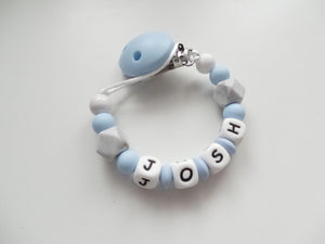 Personalised Dummy clip -  Pale Blue & Grey Marble