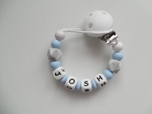 Personalised Dummy clip - Pale Blue, Grey Marble & White